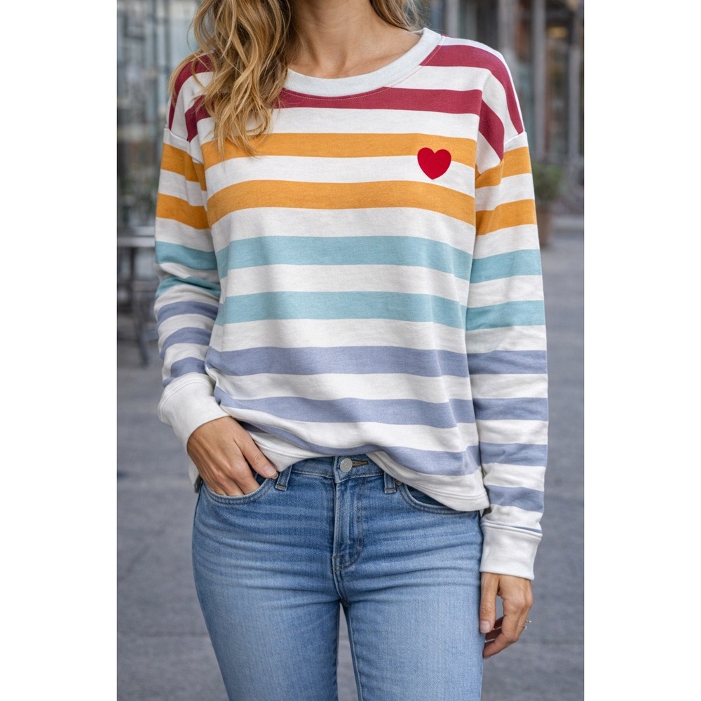 Doe‎ Rainbow Striped Heart Embroidered Raw Hem Sweatshirt Womens Medium